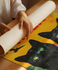 Vibrant black cat print in vintage Japanese style for home decor.