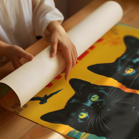 Vibrant black cat print in vintage Japanese style for home decor.