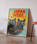 Colourful Japanese art poster with black cats for living room decor.