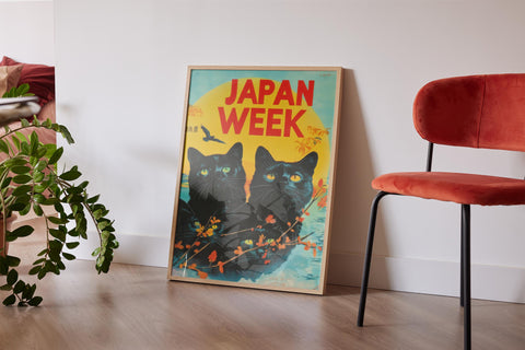 Colourful Japanese art poster with black cats for living room decor.