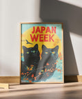 Bright and colourful black cats Japanese print for vibrant wall decor.