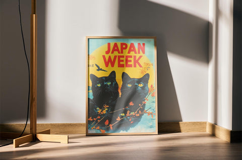 Bright and colourful black cats Japanese print for vibrant wall decor.