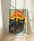 Retro-style Asian art featuring black cats for home or office walls.