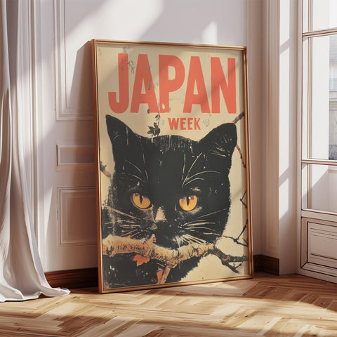 Bold Japanese art poster with black cat and vibrant yellow eyes.