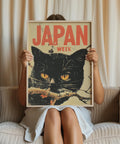 Black cat Japanese art poster for living room decor.