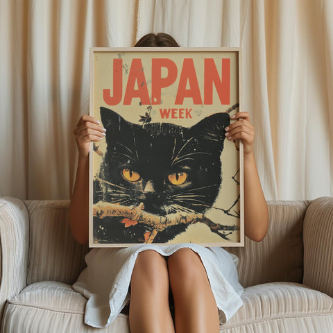 Black cat Japanese art poster for living room decor.