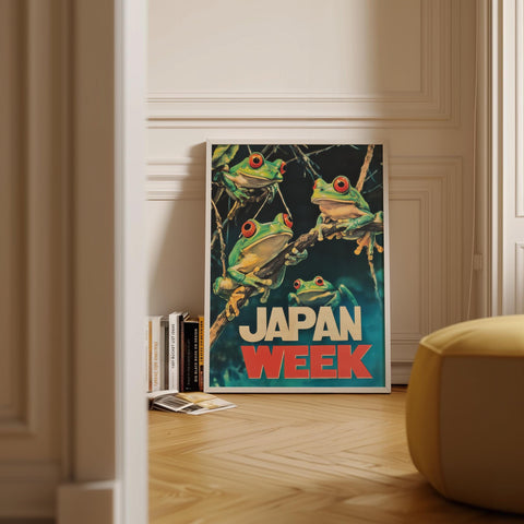 Bold and vibrant animal poster with frogs for children&#39;s rooms.