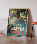 Vintage-inspired frog wall art with bright green frogs.