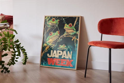 Vintage-inspired frog wall art with bright green frogs.