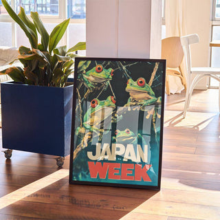 Bold Japan Week frog poster with colorful animal art.