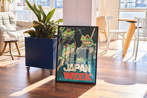 Bold Japan Week frog poster with colorful animal art.