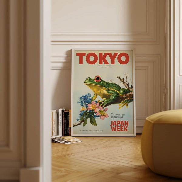 Japanese frog wall art with blooming flowers