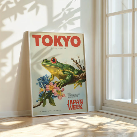 Japanese frog wall art featuring a tree frog on a branch.