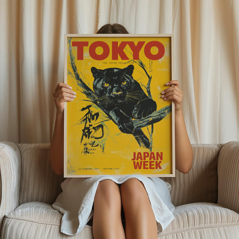 Japanese art poster with black panther for modern spaces.