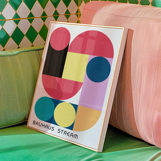 Abstract composition of large colourful wall art in retro shades