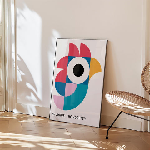 Bold geometric rooster poster in Bauhaus style