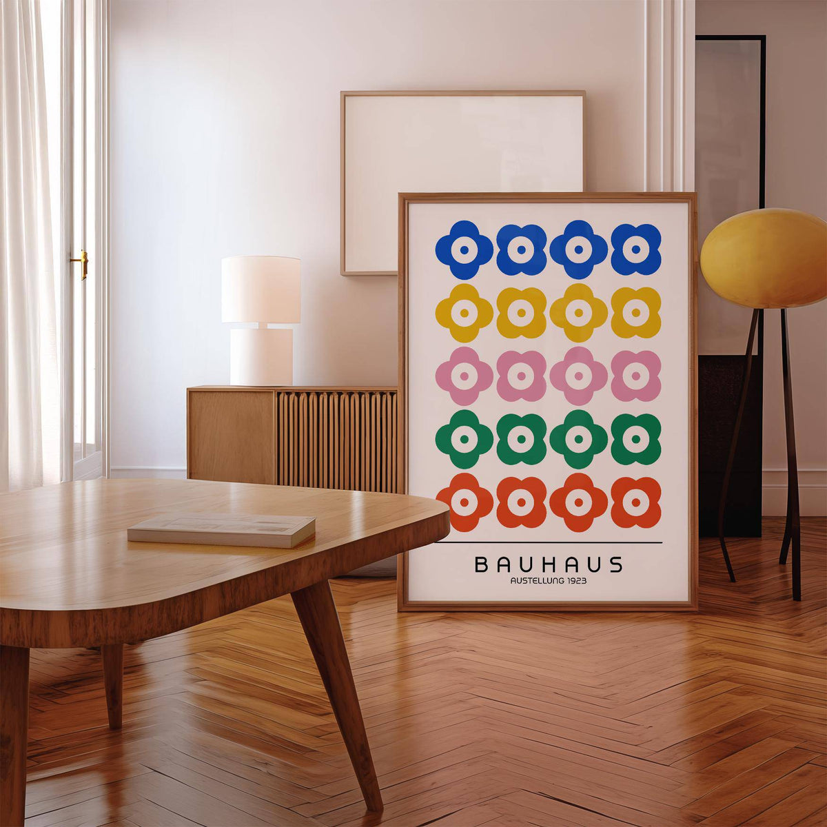 Unique Bauhaus print design with multi-coloured elements
