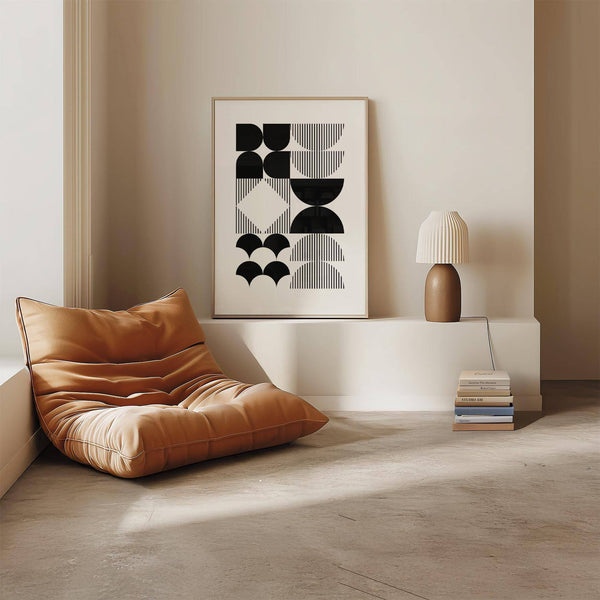 Black and white geometric wall art inspired by Bauhaus design