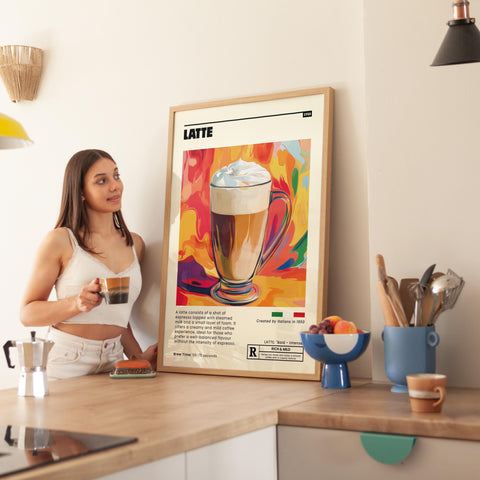 Bold latte coffee poster for kitchen decor.