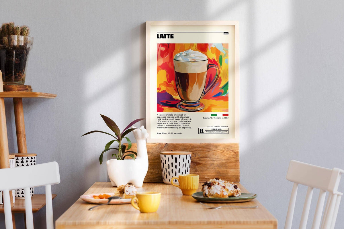 Espresso and milk blend illustrated in coffee artwork prints