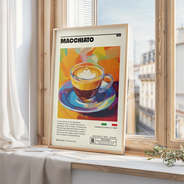 Framed kitchen art showing vibrant coffee poster design