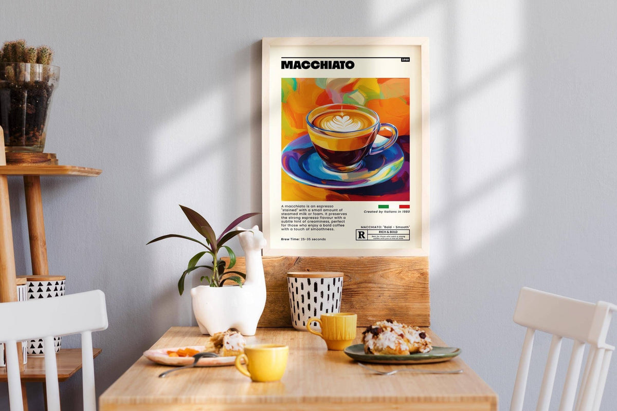 Macchiato coffee art for café or dining space.