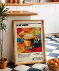 Flat white coffee poster for bar or coffee shop decor.