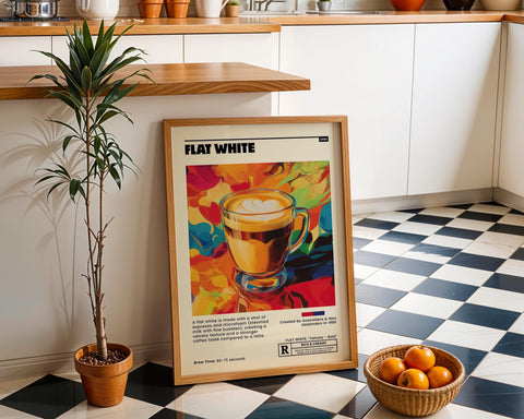 Flat white coffee poster for bar or coffee shop decor.