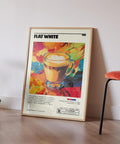 Colourful flat white coffee print for modern dining rooms.