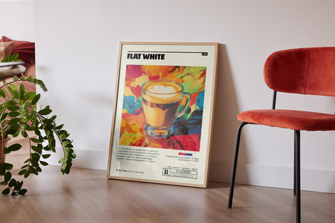 Colourful flat white coffee print for modern dining rooms.