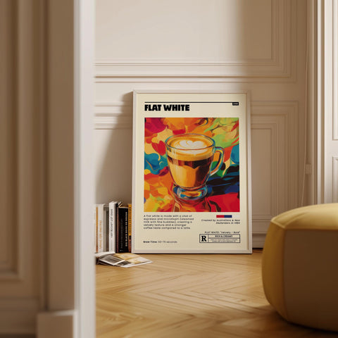 Bold flat white coffee print for kitchen or bar walls.