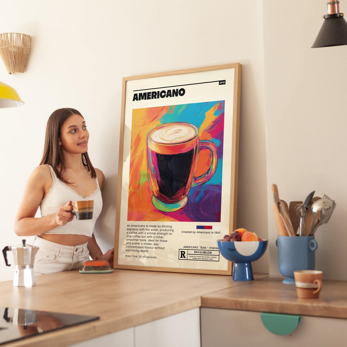 Vibrant coffee print for kitchen and café walls
