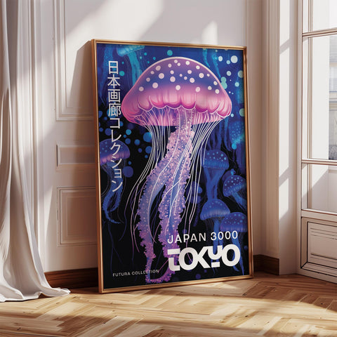 Futuristic Japanese wall art print with bold jellyfish design