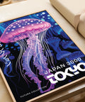 Japanese art print with neon jellyfish illustration