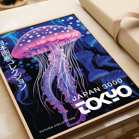 Japanese art print with neon jellyfish illustration