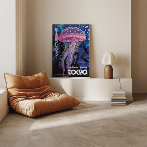 Abstract Japanese wall art with luminous jellyfish