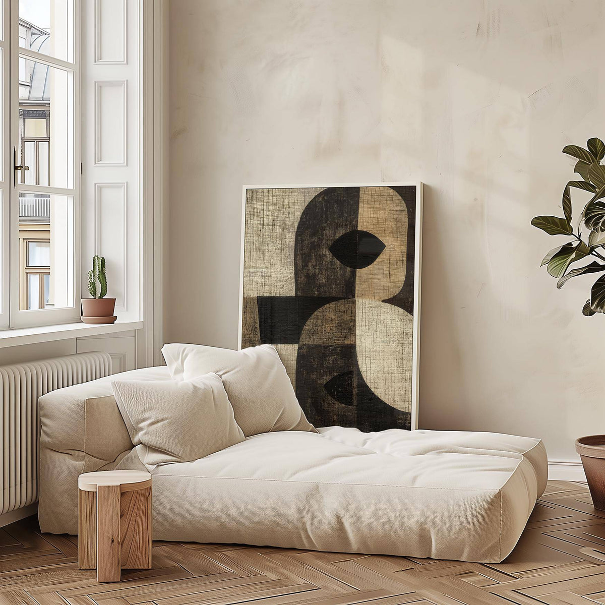 Boho bedroom styled with abstract large owl wall art