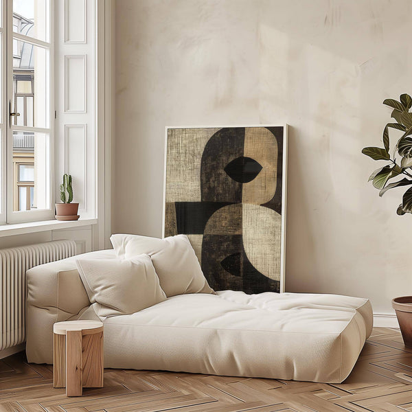 Boho bedroom styled with abstract large owl wall art