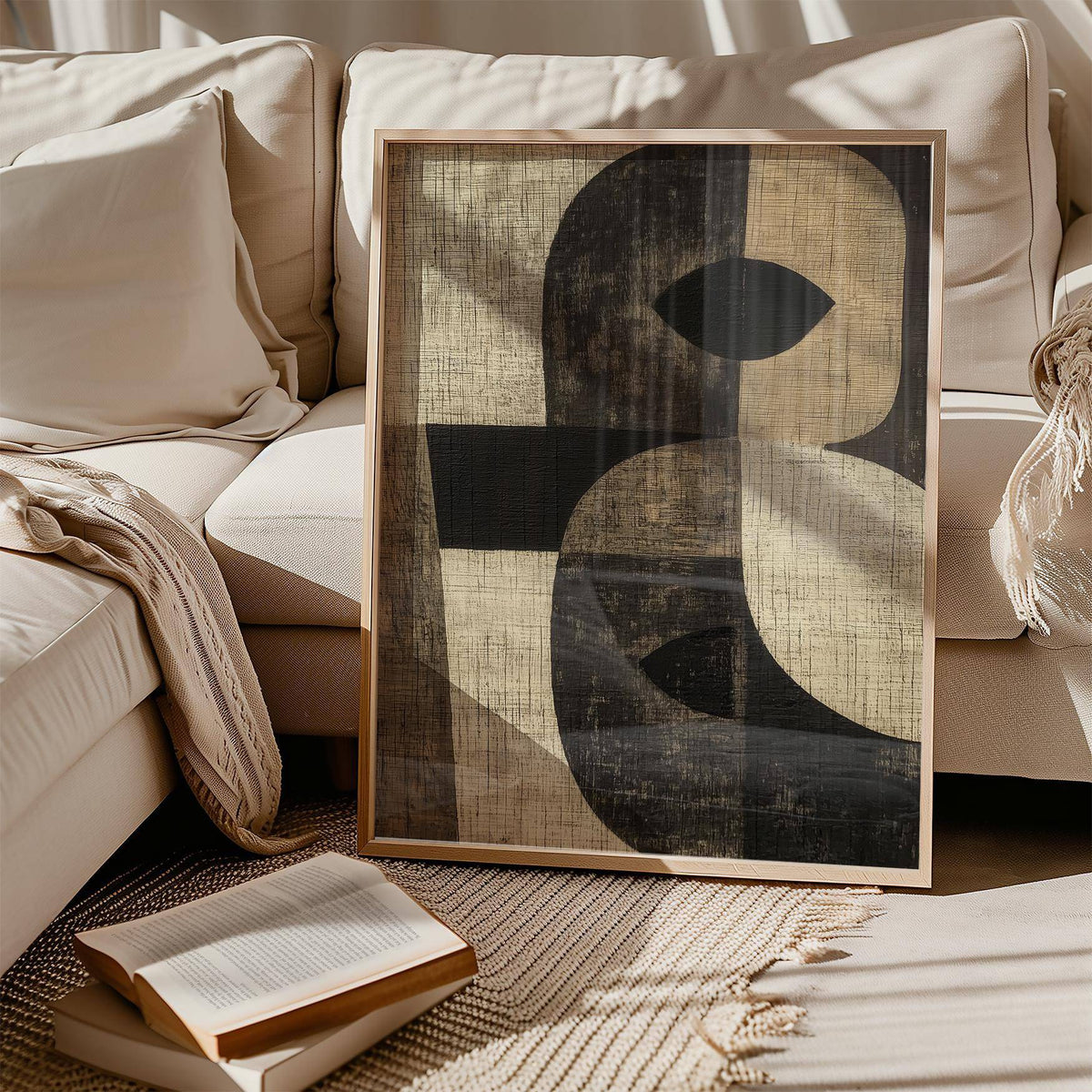 Living room with Wabi Sabi-themed large owl wall art display