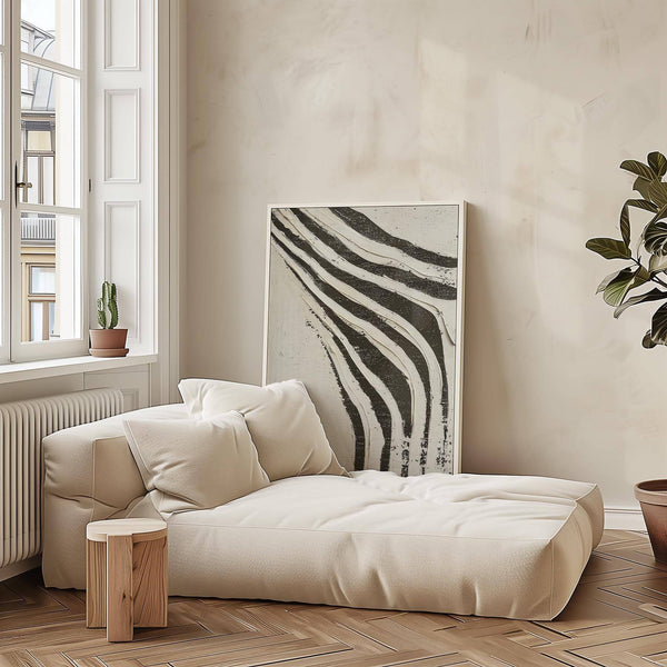 Monochrome big abstract art in Wabi Sabi style for bedroom décor