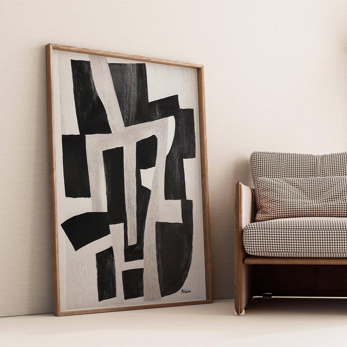 Modern living room styled with bold wabi sabi home decor wall art