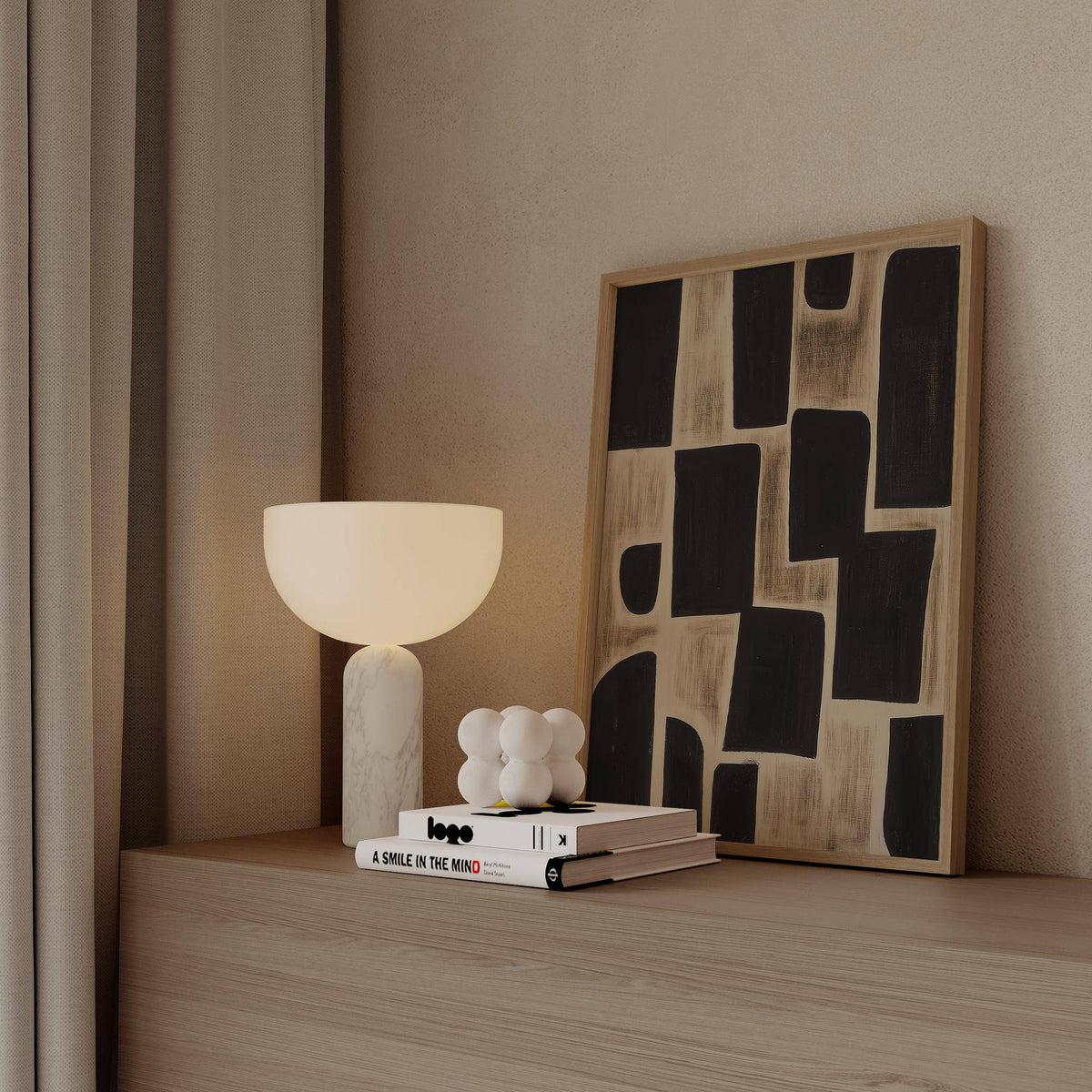Modern bedroom styled with neutral-toned wabi sabi artwork