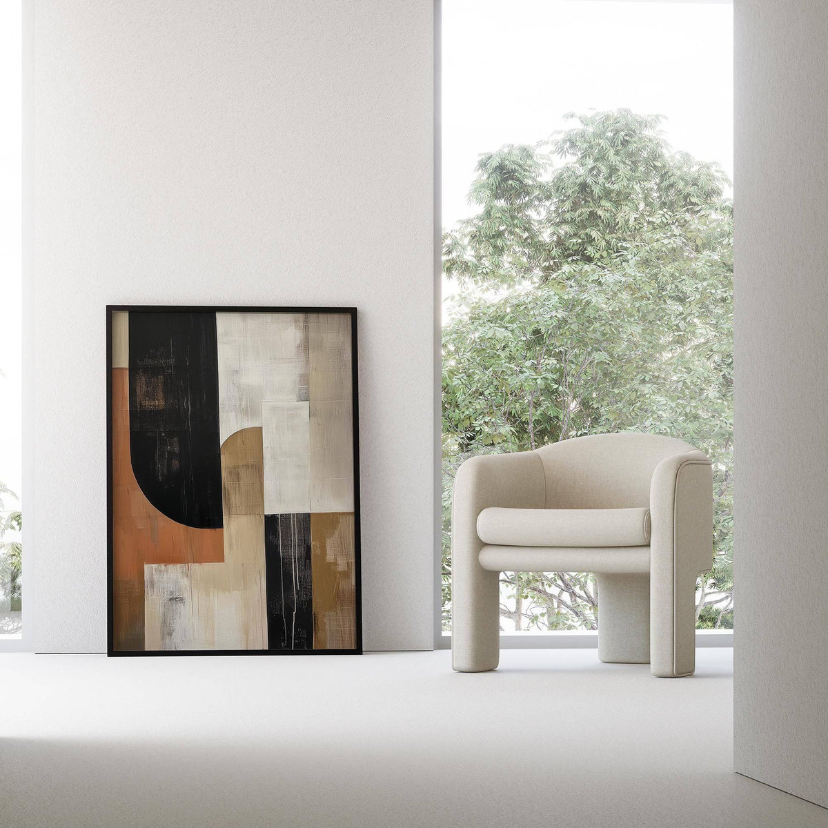 Modern entryway styled with sophisticated wabi sabi wall art