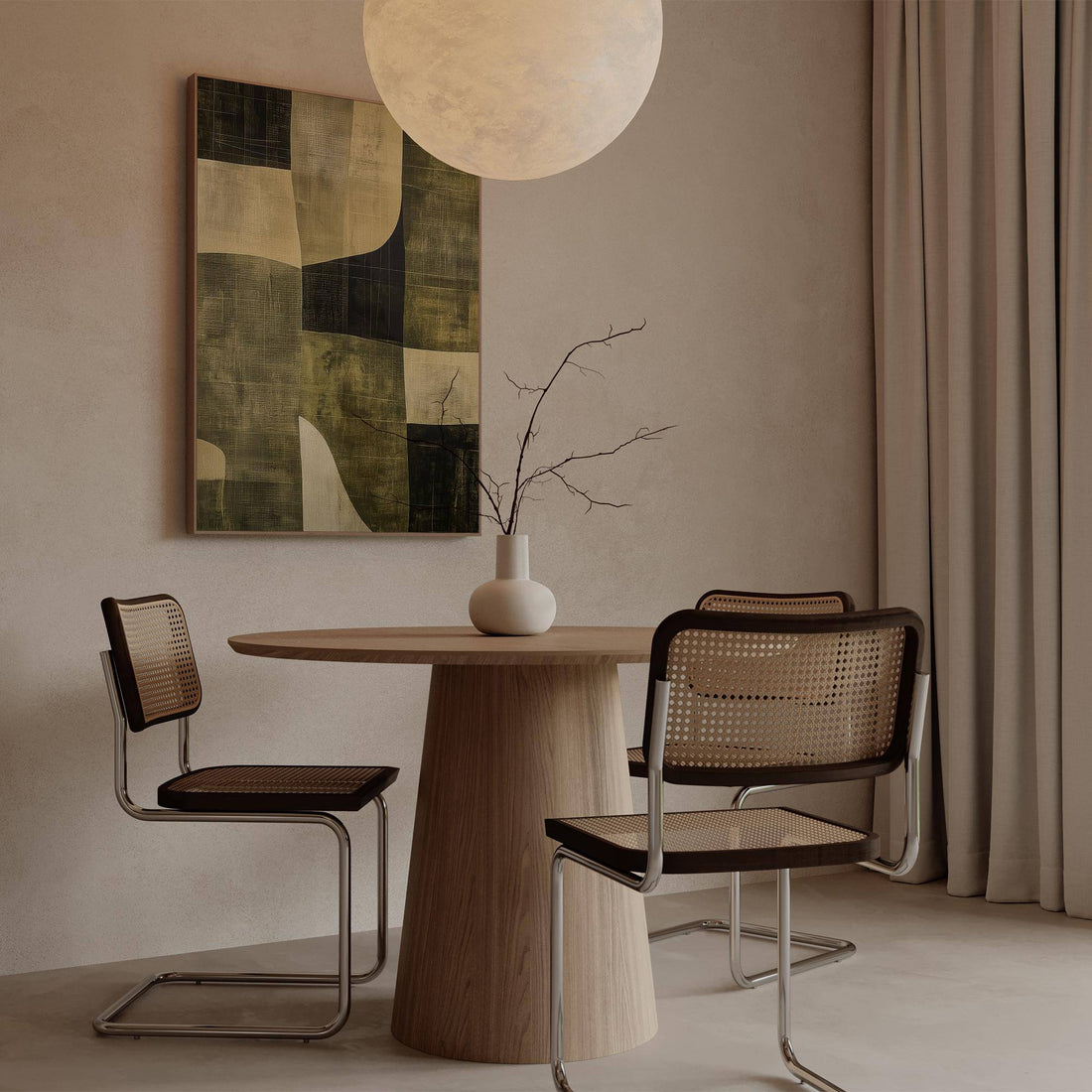 Olive green and black textured abstract print above a round oak table with cane and chrome chairs and a paper globe pendant light