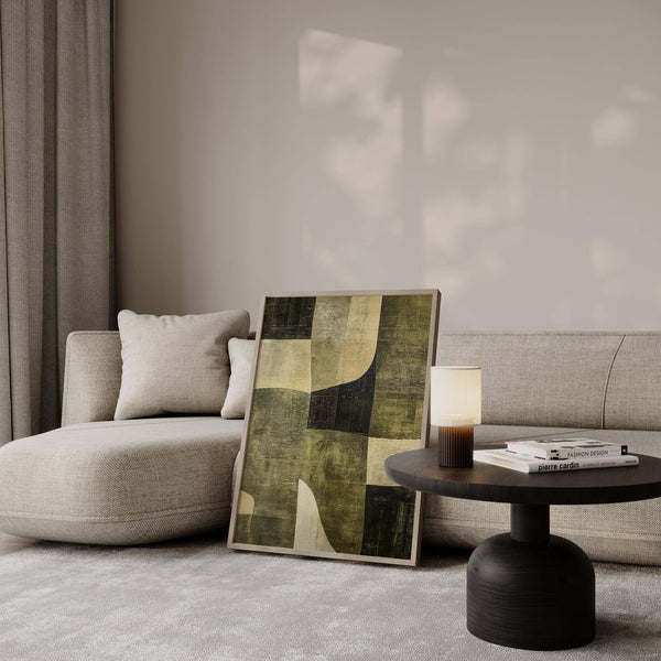 Minimalist art print with nature-inspired hues in wabi sabi green style