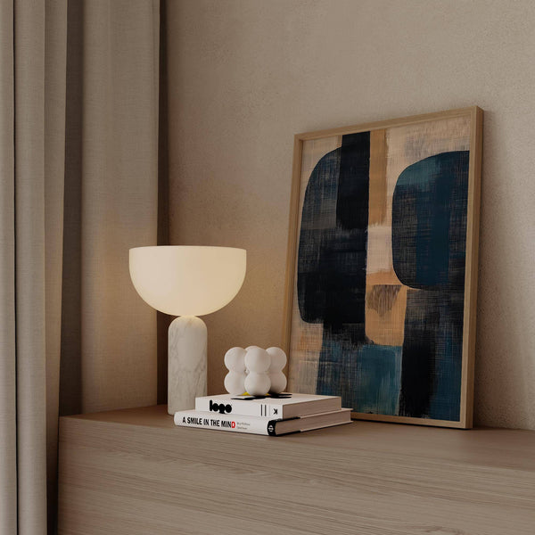 Bedroom setting featuring abstract wabi sabi painting poster