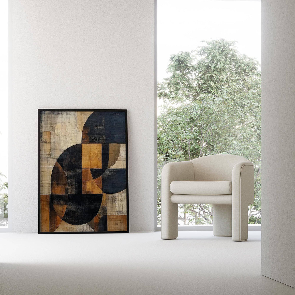 Office setting styled with bold and warm brown abstract wall art