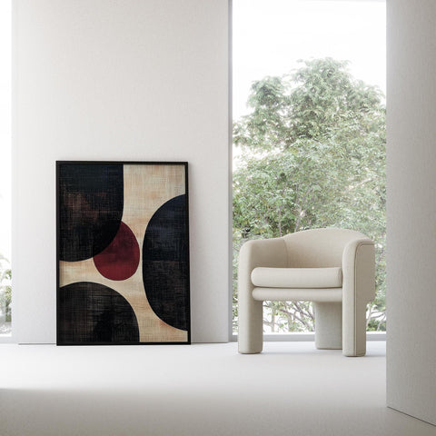 Geometric circle art in beige and black with red detail