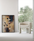 Wabi Sabi style wall art with cranes in abstract landscape