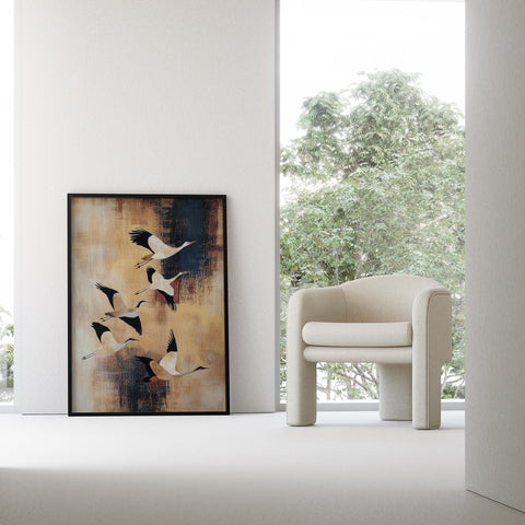 Wabi Sabi style wall art with cranes in abstract landscape